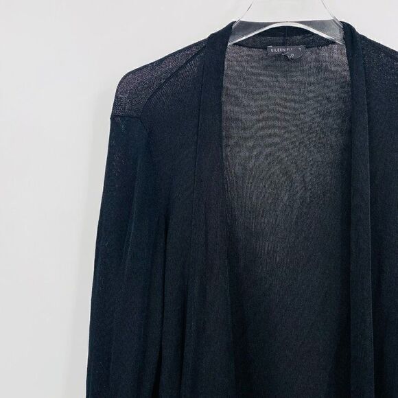 Eileen Fisher Size Medium Black Long Sleeve Open Front Ruffle Hem Cardigan - Picture 4 of 8
